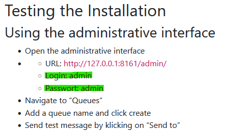 Doc ActiveMQ avec creds par défaut